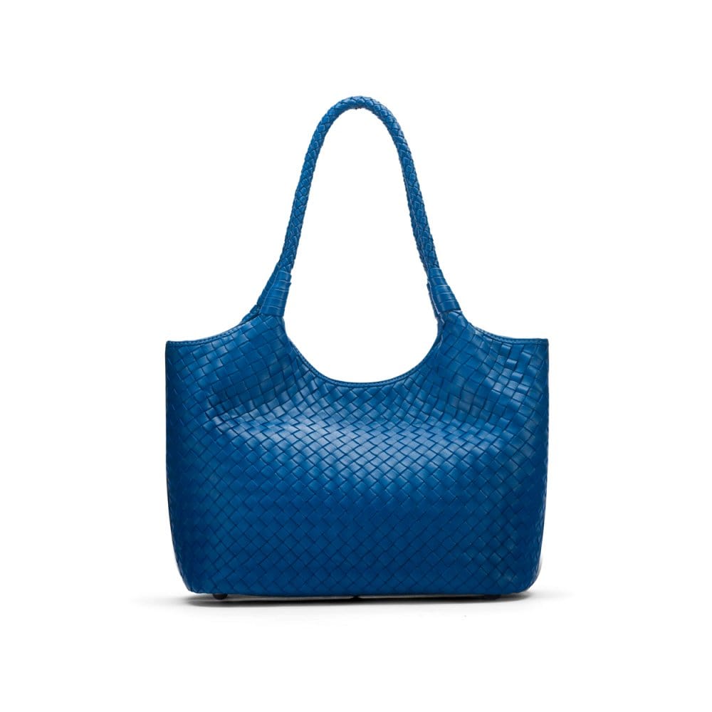 Woven leather shoulder bag, cobalt, front