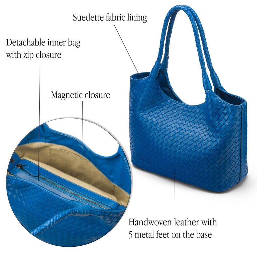 Woven leather shoulder bag, cobalt, features