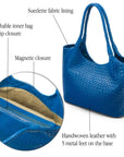 Woven leather shoulder bag, cobalt, features