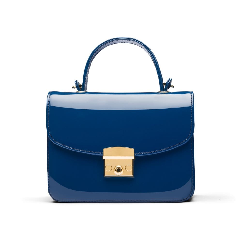 Small leather top handle bag, cobalt patent, front