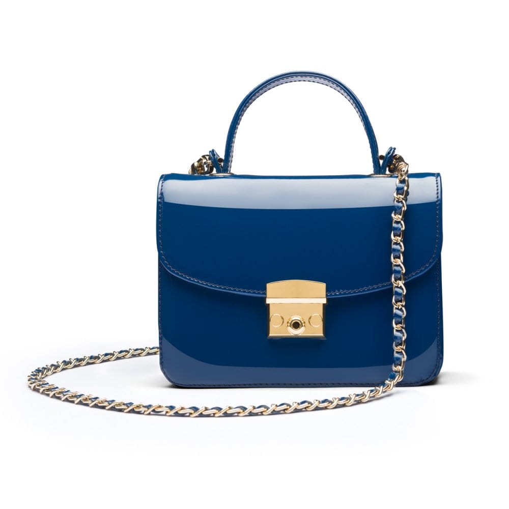 Small leather top handle bag, cobalt patent, with chain strap