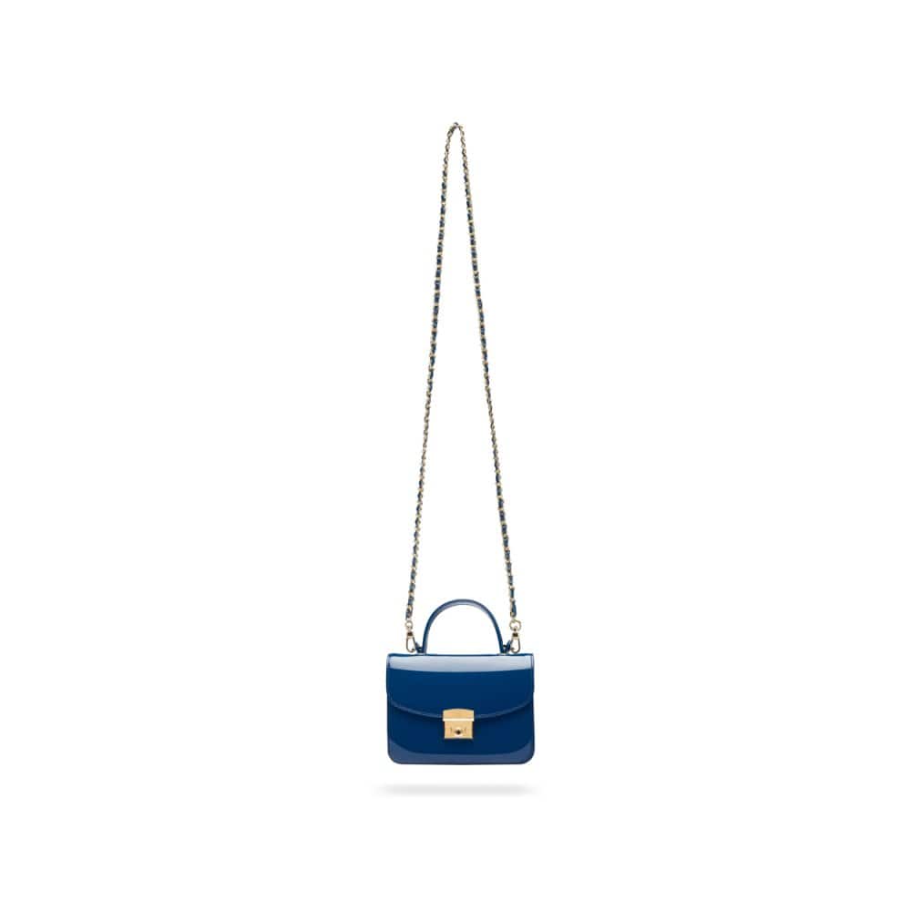 Small leather top handle bag, cobalt patent