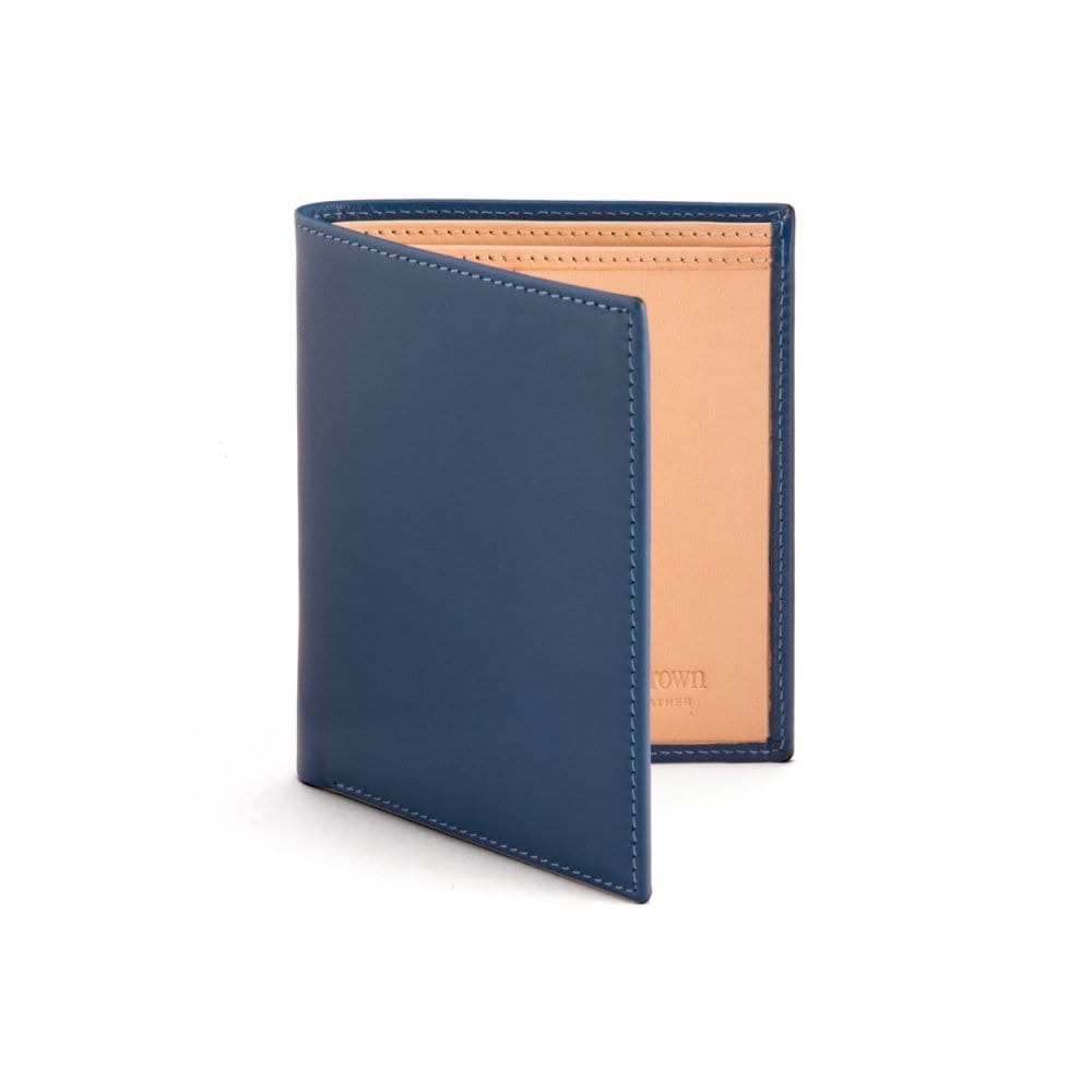 Bifold leather wallet with 6 credit cards, cobalt, front