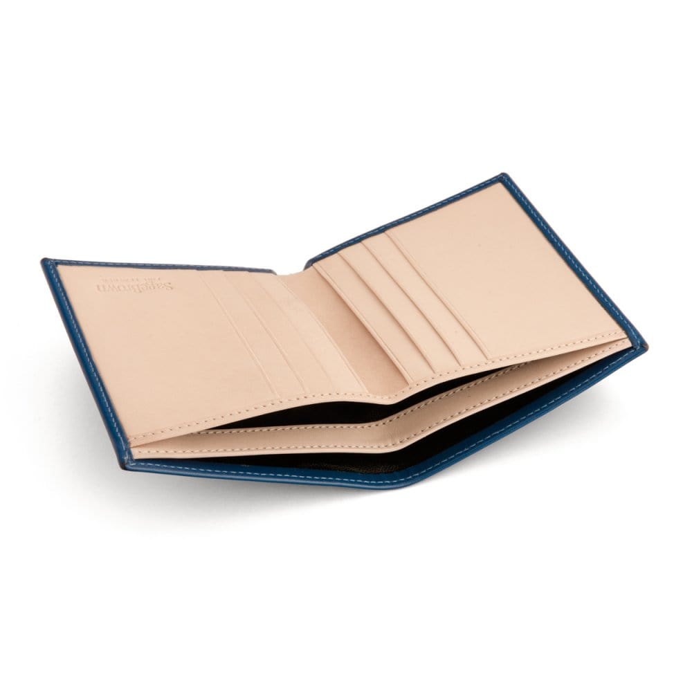 Bifold leather wallet with 6 credit cards, cobalt, open