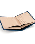 Bifold leather wallet with 6 credit cards, cobalt, open