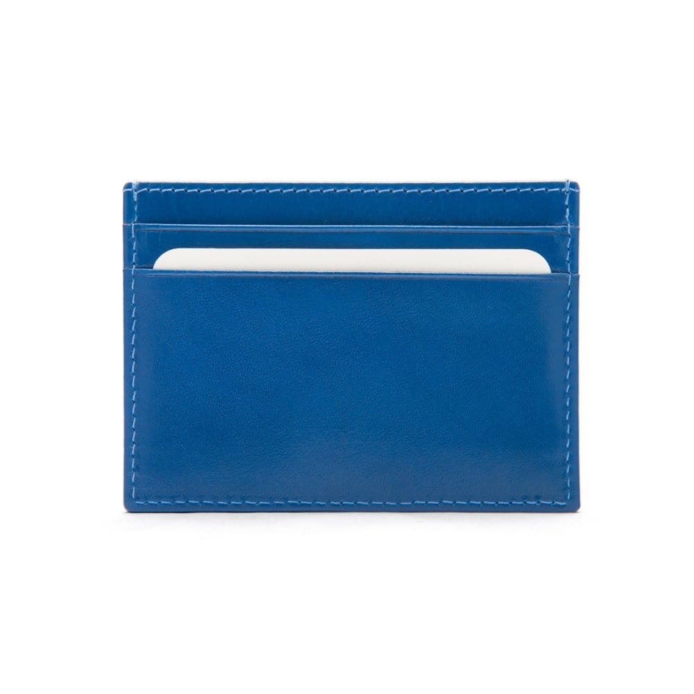 Flat leather credit card wallet 4 CC, cobalt, front