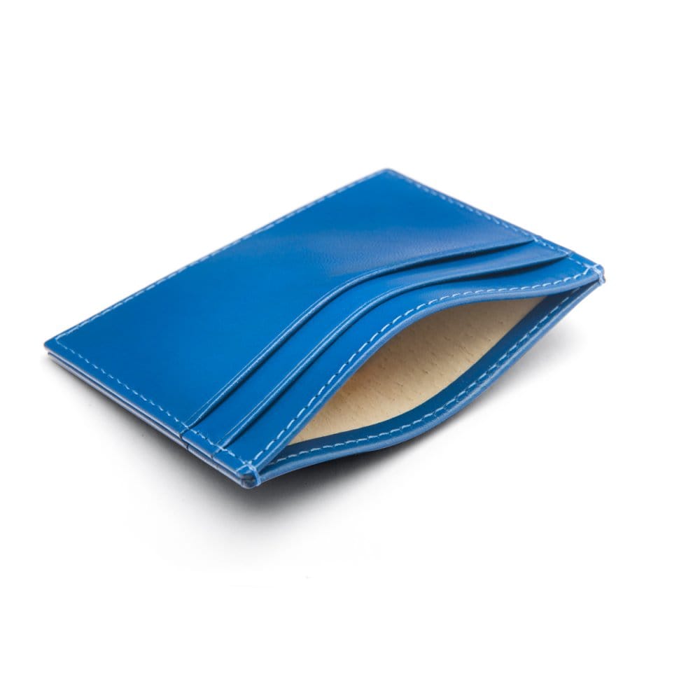 Flat leather credit card wallet 4 CC, cobalt, inside