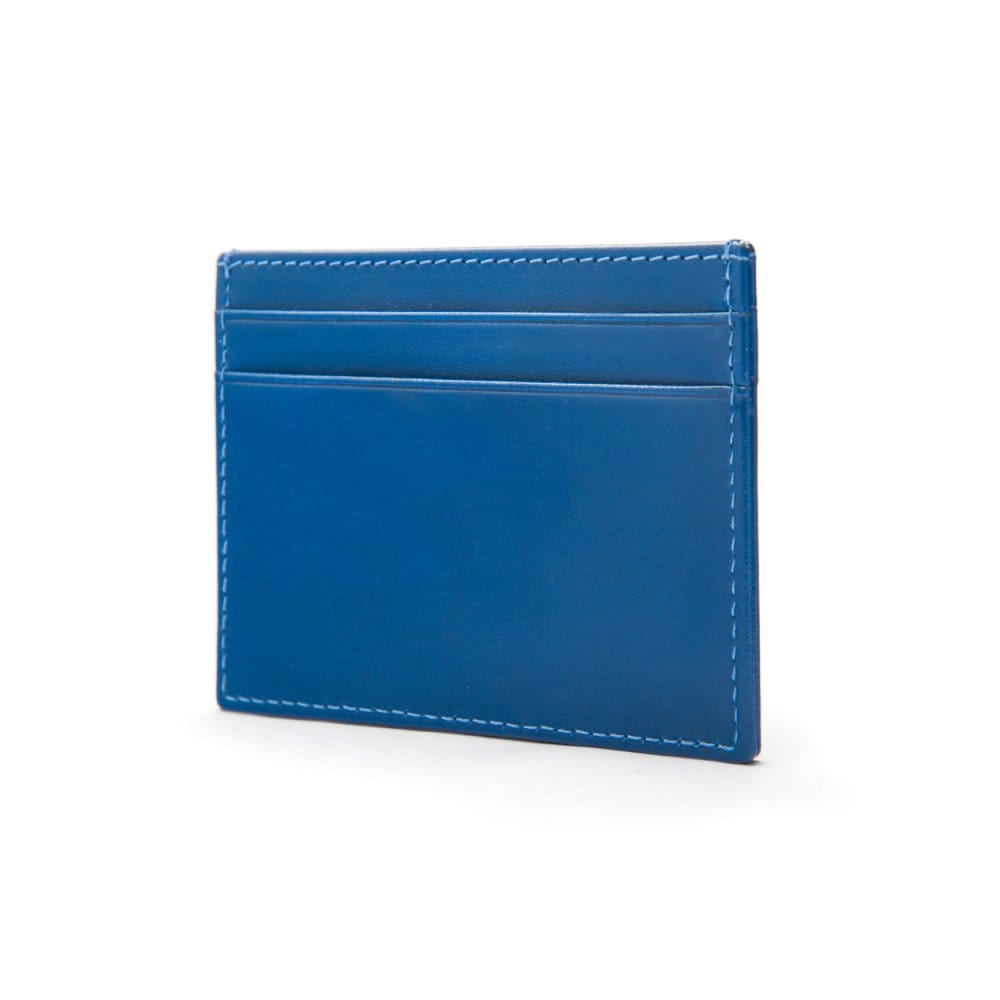 Flat leather credit card wallet 4 CC, cobalt, side