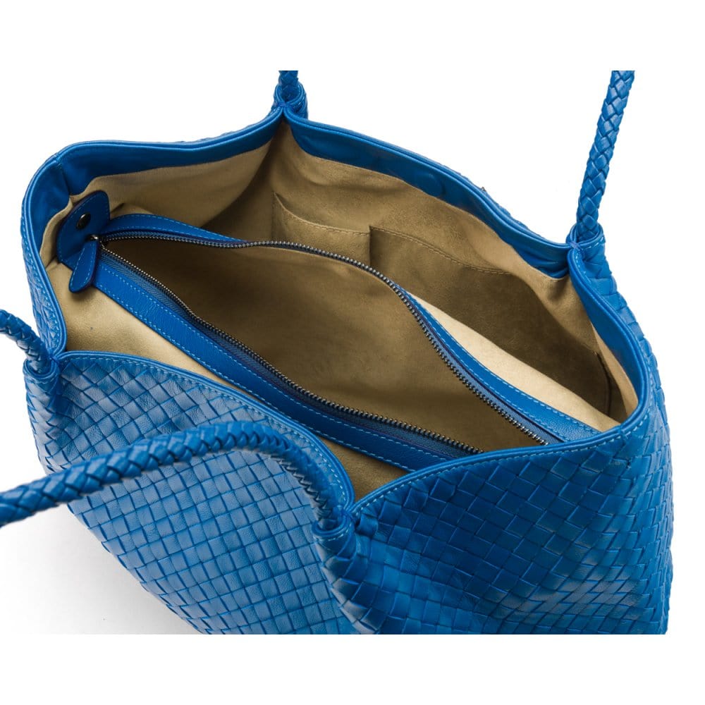 Woven leather slouchy bag, cobalt, inside