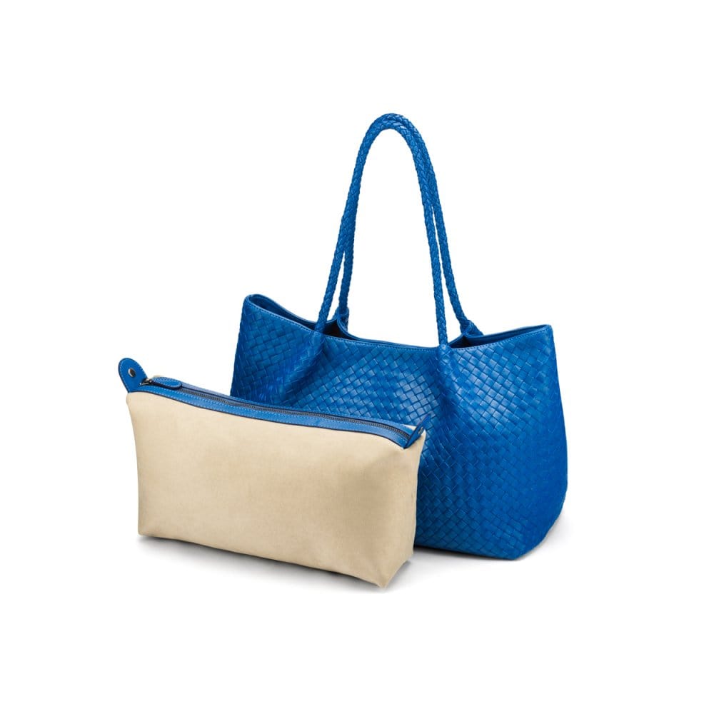 Woven leather slouchy bag, cobalt, with inner bag