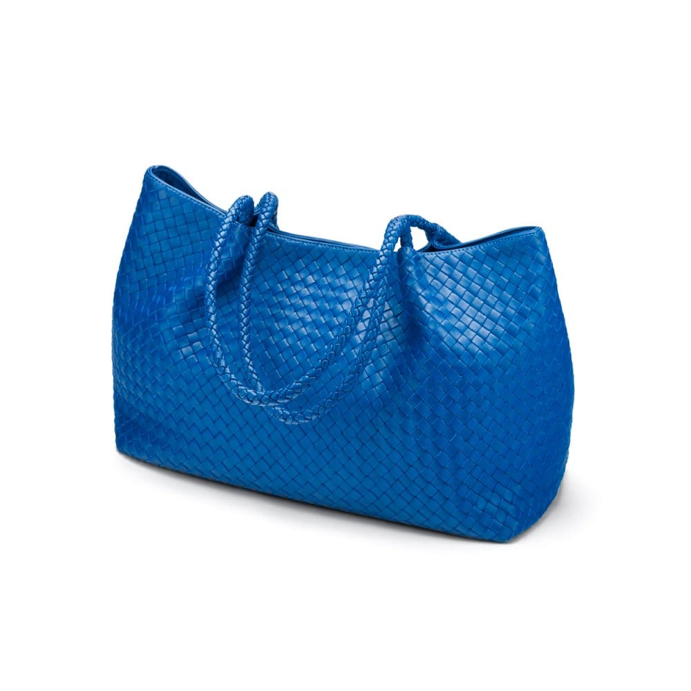 Woven leather slouchy bag, cobalt, side