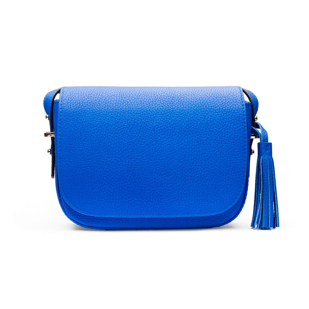 Leather saddle bag, cobalt, front view