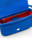 Leather saddle bag, cobalt, inside view