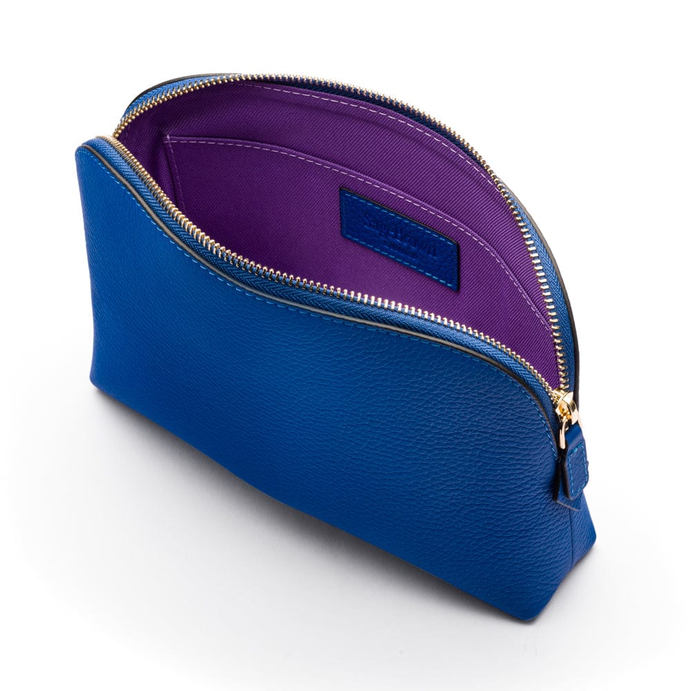 Leather cosmetic bag, cobalt, open
