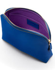 Leather cosmetic bag, cobalt, open