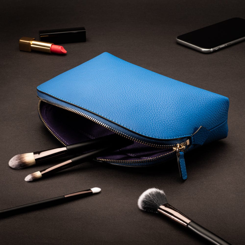 Leather cosmetic bag, cobalt, lifestyle