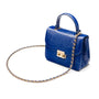 Small leather top handle bag, cobalt croc, side