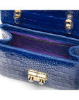 Small leather top handle bag, cobalt croc, inside