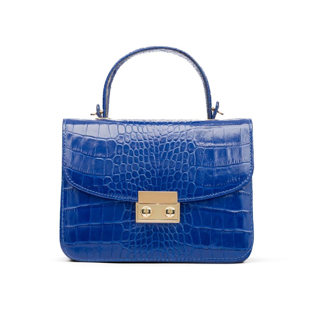 Small leather top handle bag, cobalt croc, front