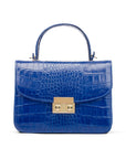 Small leather top handle bag, cobalt croc, front