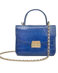 Small leather top handle bag, cobalt croc, with chain strap