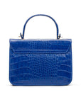 Small leather top handle bag, cobalt croc, back