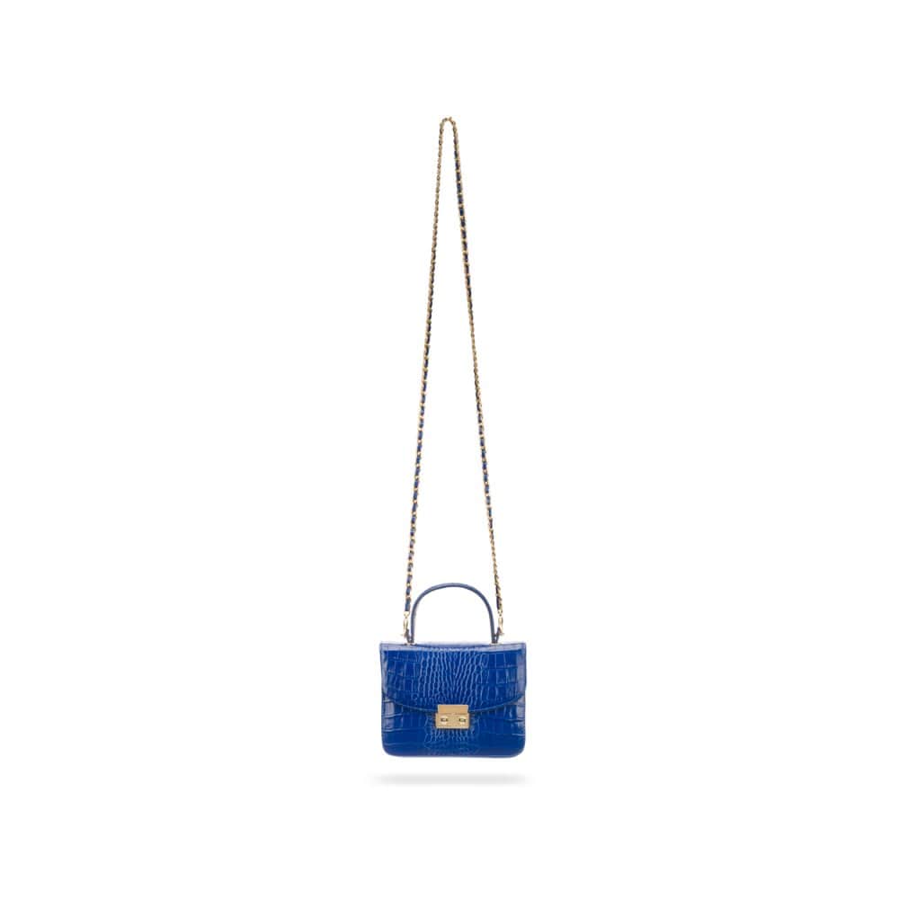 Small leather top handle bag, cobalt croc