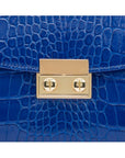 Small leather top handle bag, cobalt croc, lock close up