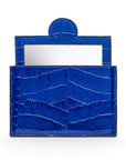 Compact leather mirror, cobalt croc