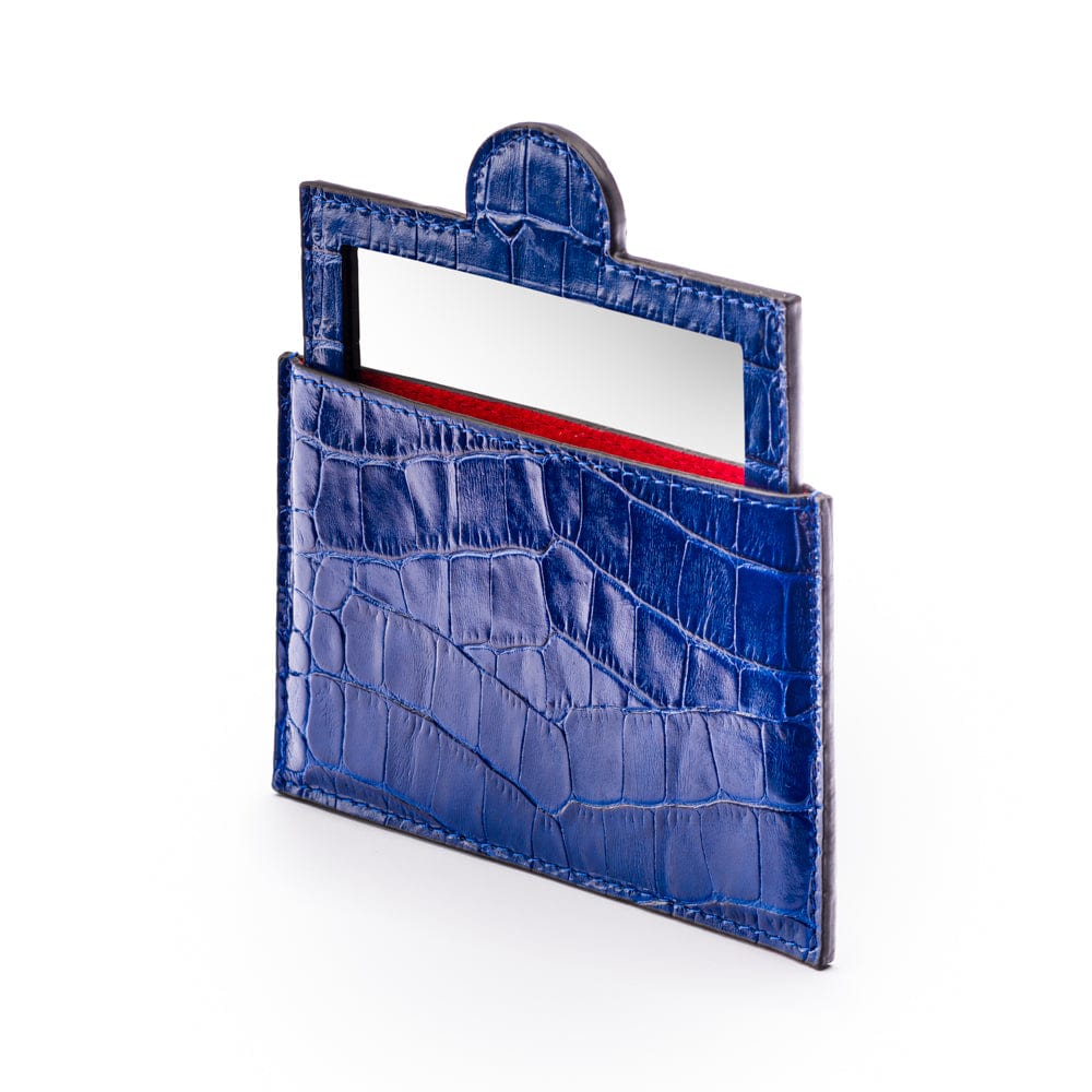 Compact leather mirror, cobalt croc, side