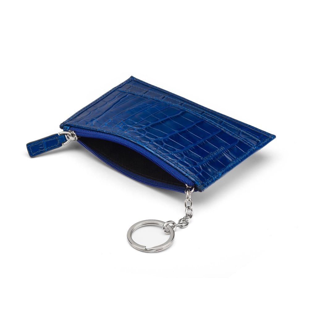Flat leather card wallet with jotter and zip pocket, cobalt croc, open