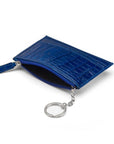 Flat leather card wallet with jotter and zip pocket, cobalt croc, open