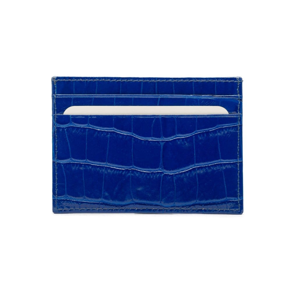 Flat leather credit card wallet 4 CC, cobalt croc, front