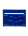 Flat leather credit card wallet 4 CC, cobalt croc, front