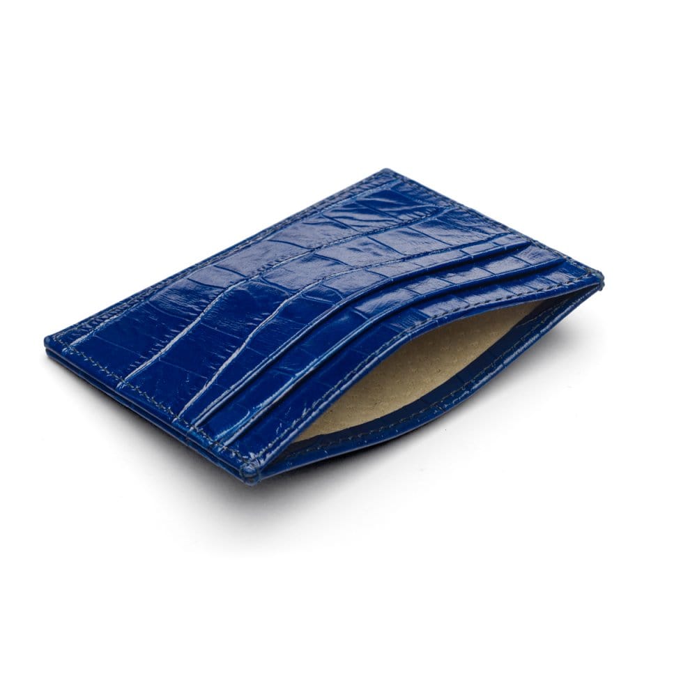 Flat leather credit card wallet 4 CC, cobalt croc, inside