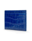 Flat leather credit card wallet 4 CC, cobalt croc, side