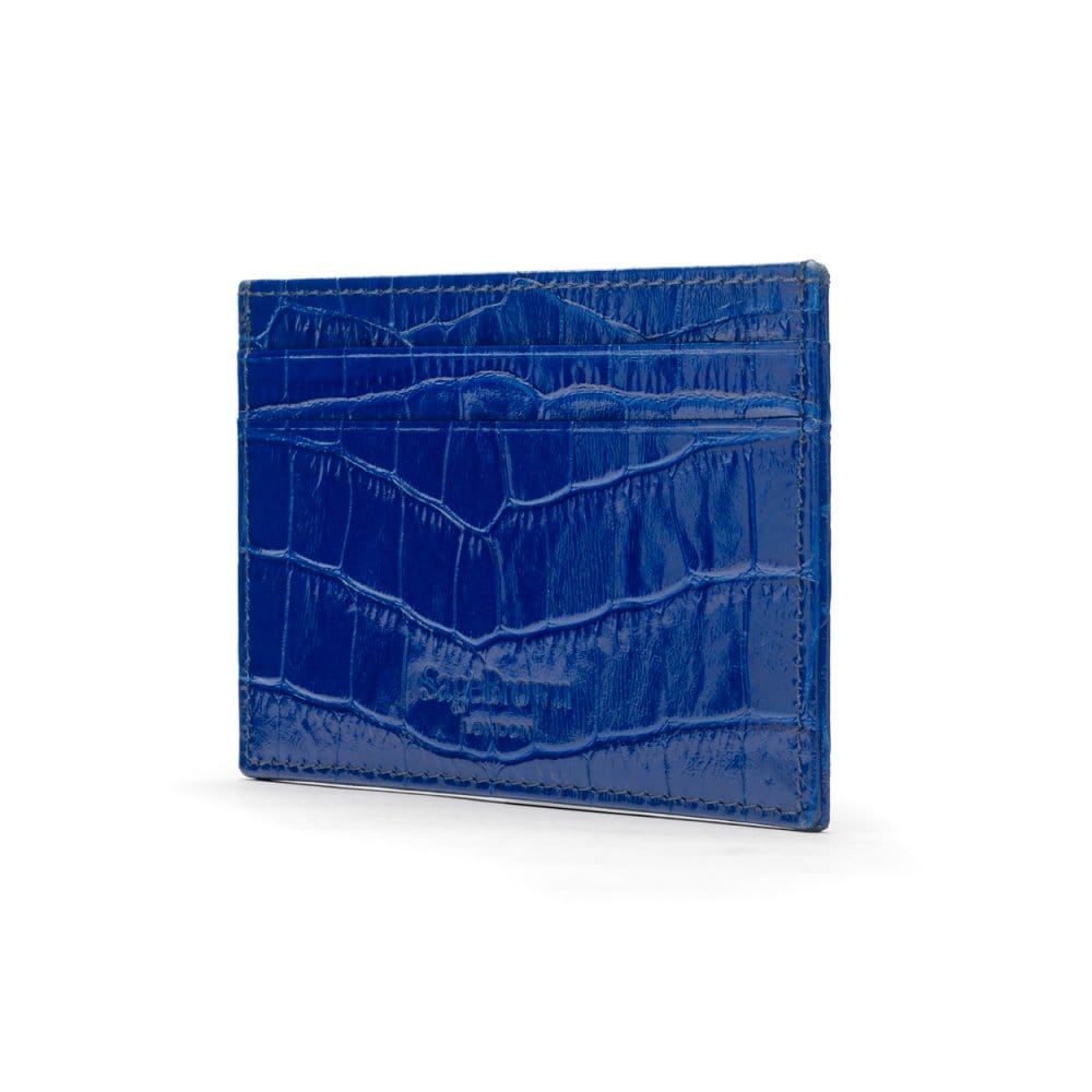 Flat leather credit card wallet 4 CC, cobalt croc, back