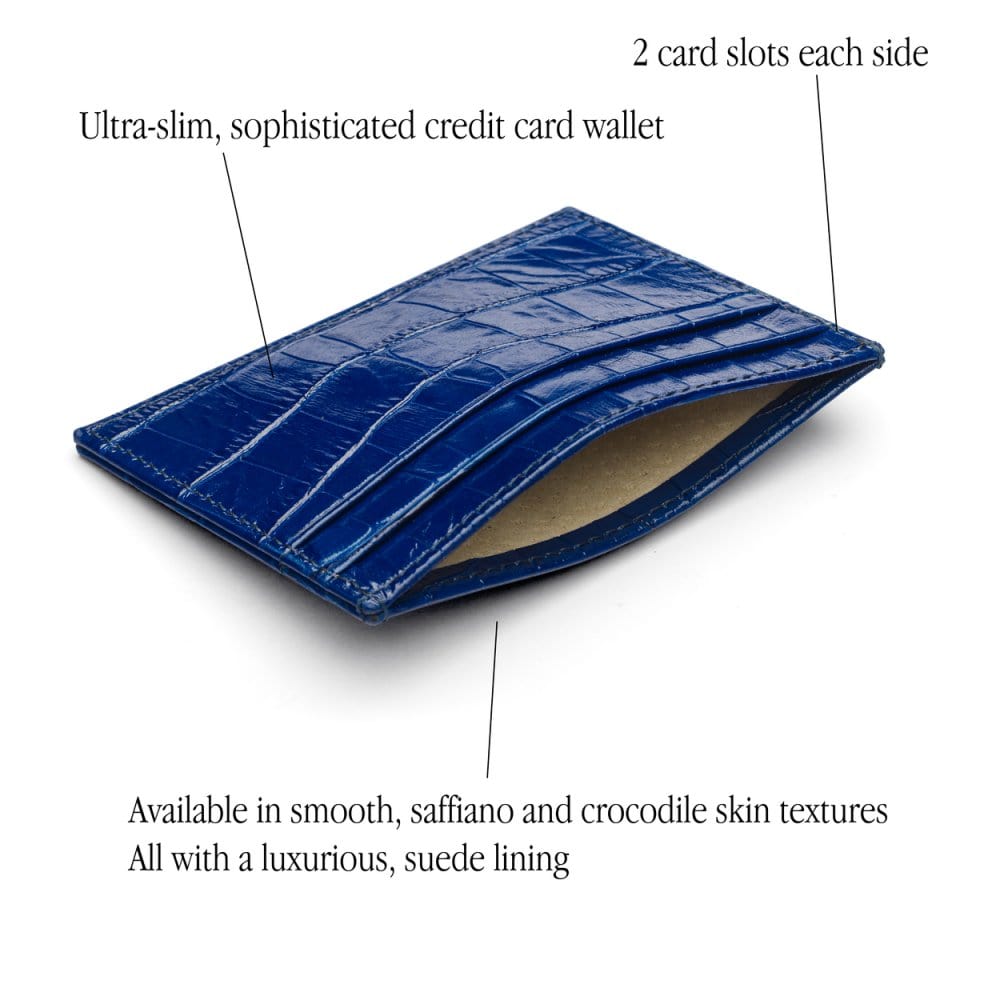 Flat leather credit card wallet 4 CC, cobalt croc, features
