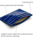 Flat leather credit card wallet 4 CC, cobalt croc, features