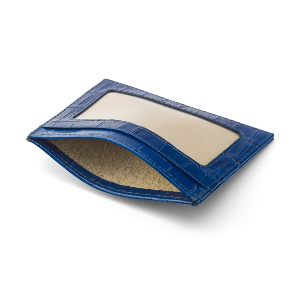 Flat leather card wallet with ID window, cobalt croc, inside