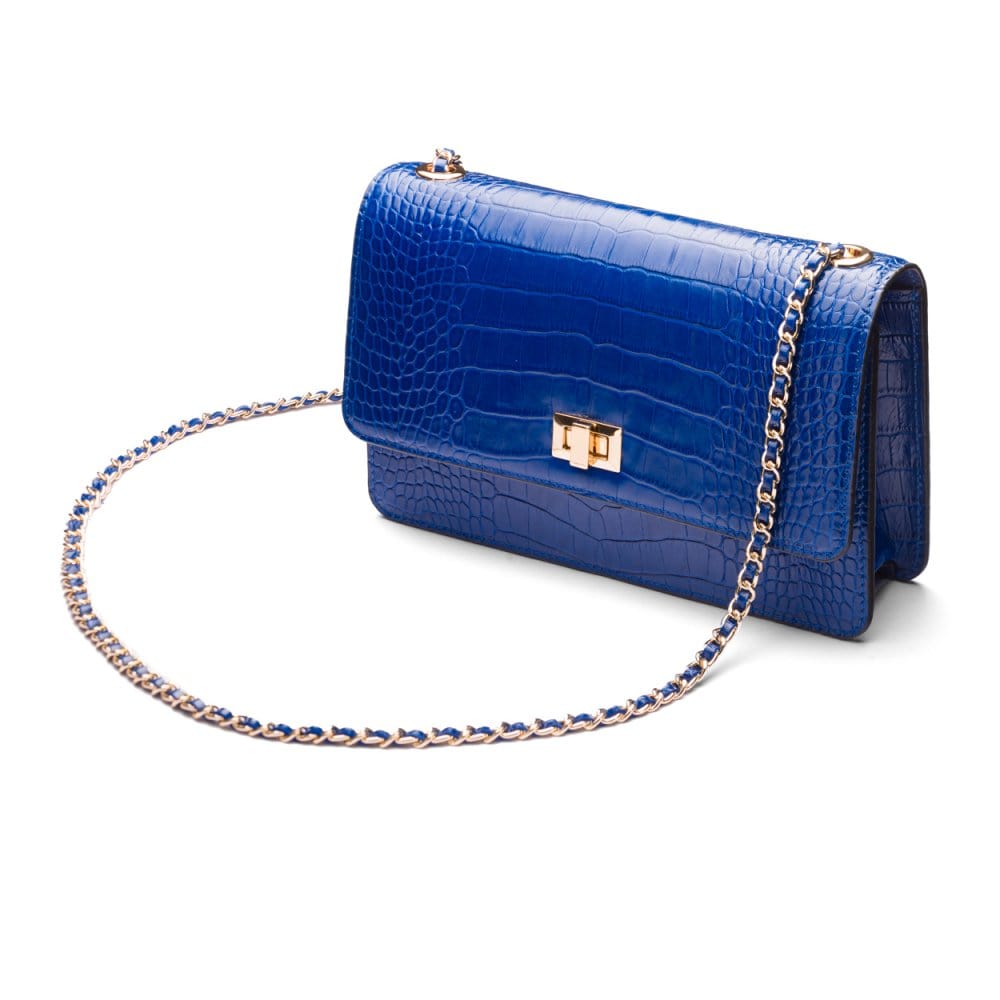 Leather chain bag, cobalt croc, side view
