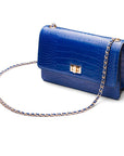 Leather chain bag, cobalt croc, side view