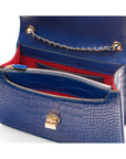 Leather chain bag, cobalt croc, inside view