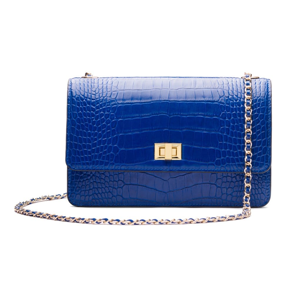 Leather chain bag, cobalt croc, front view