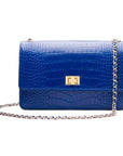 Leather chain bag, cobalt croc, front view