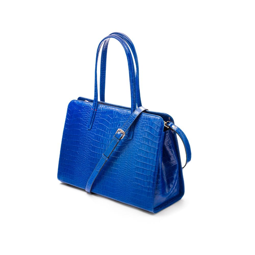 Ladies' leather 15" laptop handbag, cobalt croc, with shoulder strap