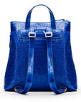 Leather 13" laptop backpack, cobalt croc, back view