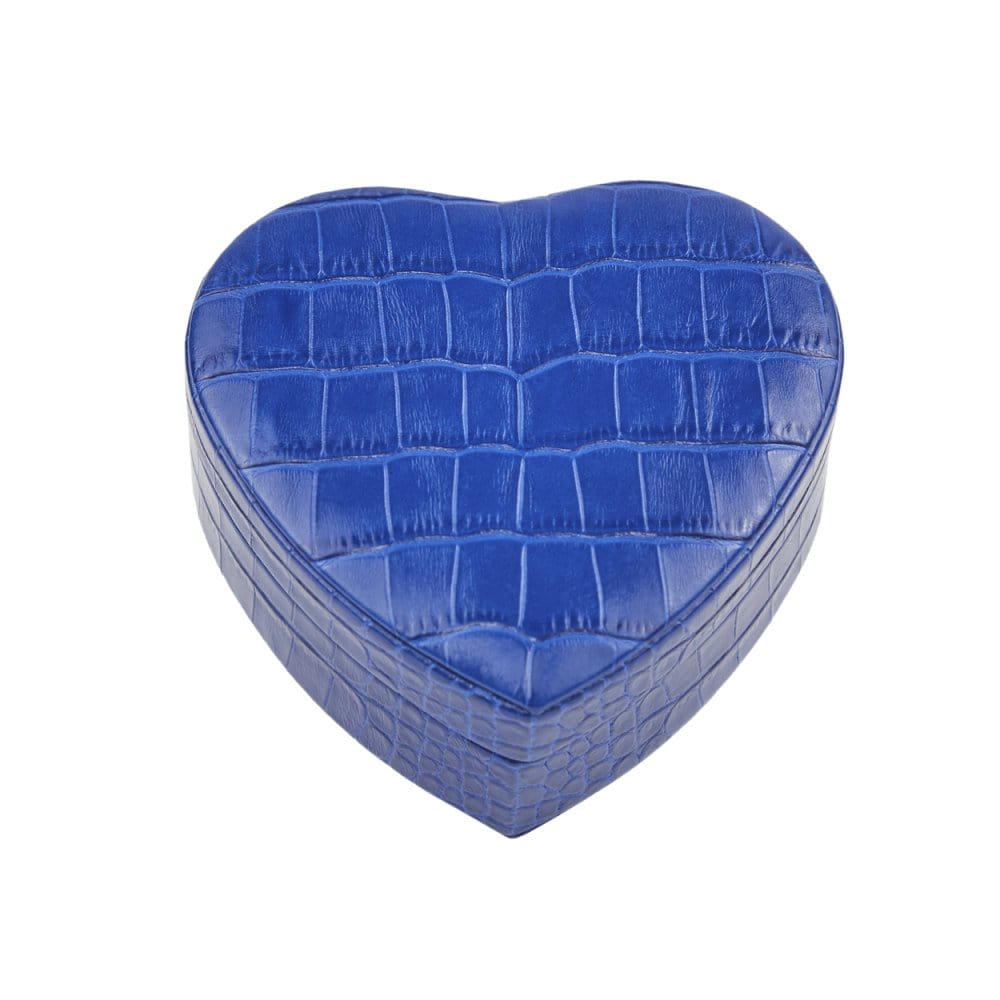 Leather heart shaped jewellery box, cobalt croc, front