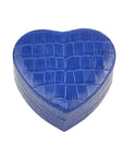 Leather heart shaped jewellery box, cobalt croc, front