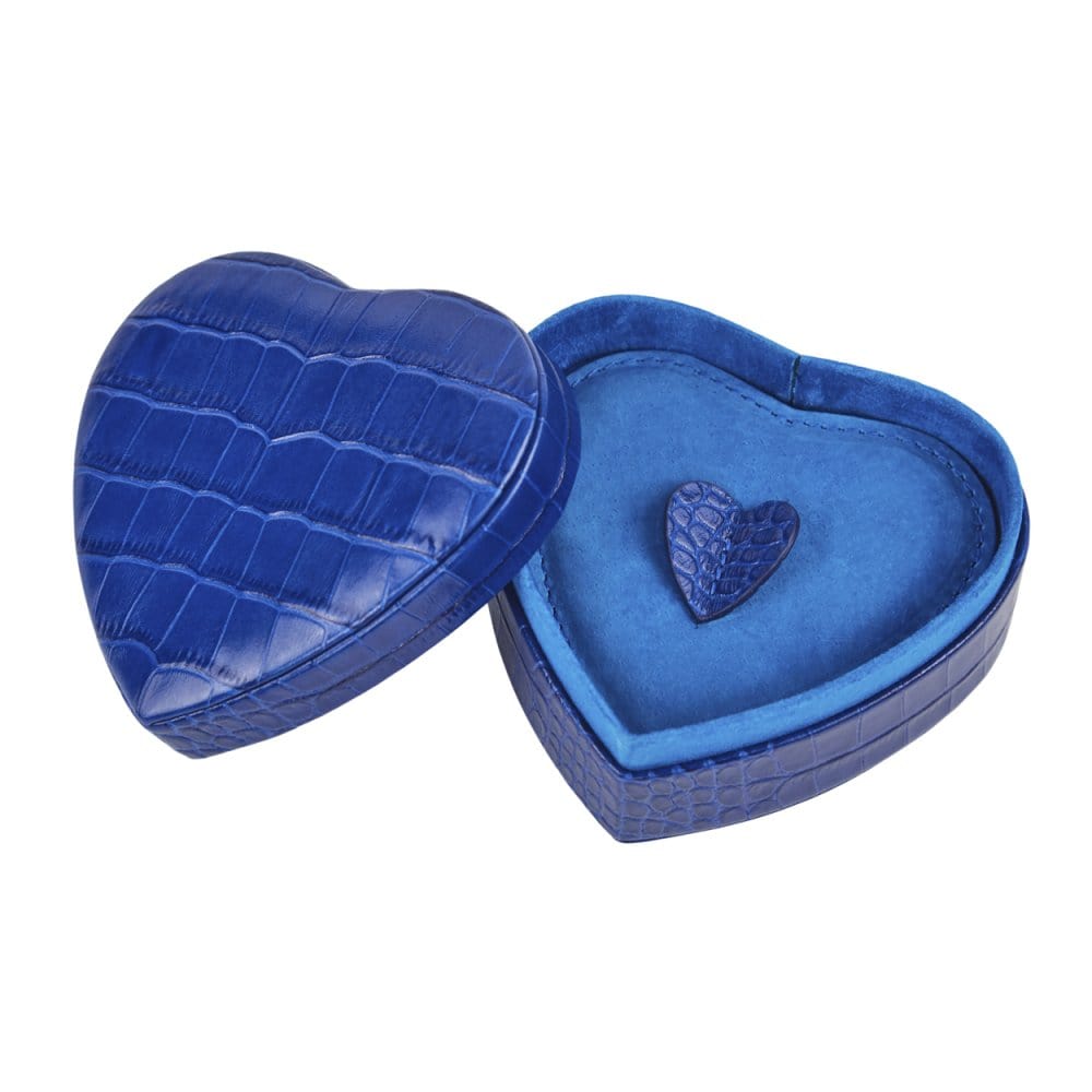 Leather heart shaped jewellery box, cobalt croc, open